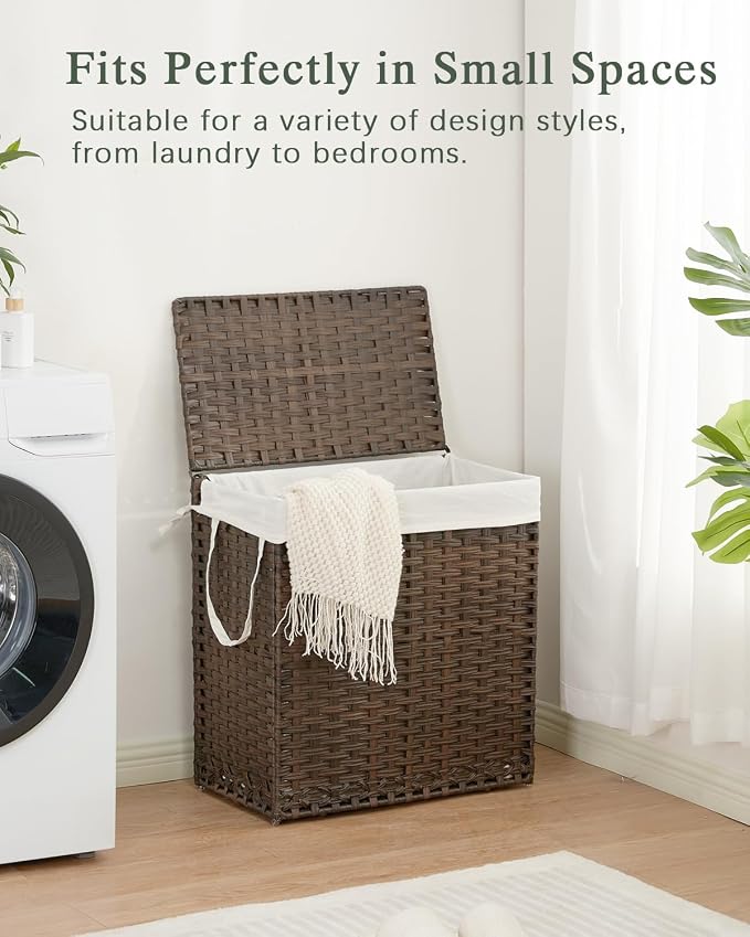 SETVSON Laundry Hamper with Lid Wicker Laundry Basket 112L PE, Brown | Large Family Clothes Sorter Trunk with Lid, 3 Compartment Washable Liners, 6 Mesh Bags, Collapsible Steel Frame