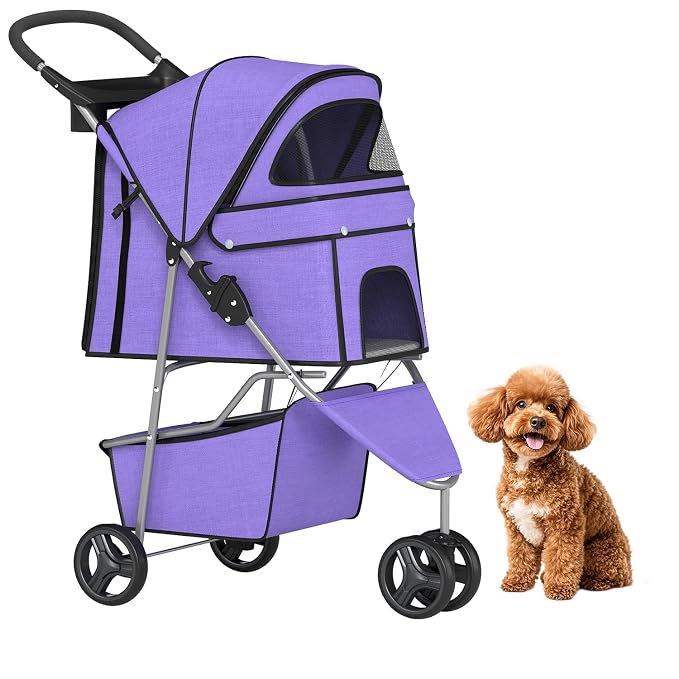 BestPet 3 Wheels Pet Stroller Dog Cat Cage Jogger Stroller for Medium Small Dogs Cats Folding Travel Carrier with Cup Holder, Waterproof Design & Removable Liner, Purple