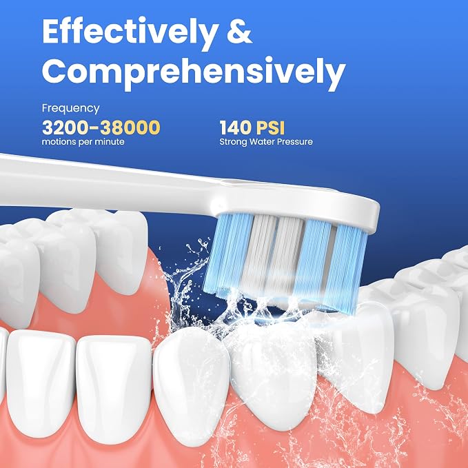 2-in-1 Electric Toothbrush with Water Flosser, Brush & Floss Combo | 3 Modes, 3 Brush Heads, Jet Tip, IPX7 Waterproof, Portable Oral Irrigator for Travel, White