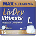 LivDry Large Ultimate Adult Incontinence Underwear, Max Absorbent Adult Diapers with Leak Protection, L, 15-Pack