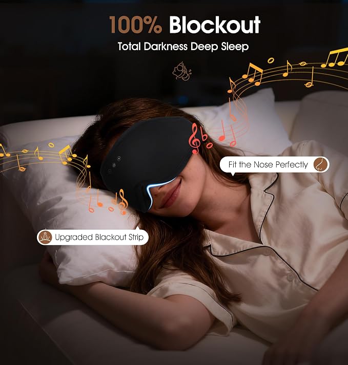 Bamboo Cotton Bluetooth Sleep Mask, 2 in 1 3D Soft Sleep Mask with Sleep Headphones, Sleep Eye Mask with Timming Setting, Blackout Sleeping Mask for Side Sleepers, Women Men, Black (Black)
