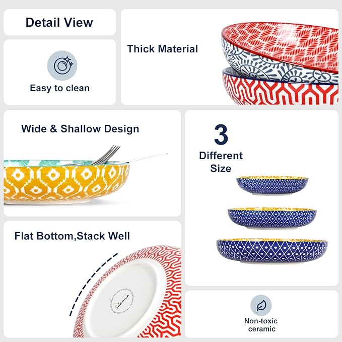 Selamica Ceramic Pasta Bowls Set of 4, 34 OZ Salad Bowls, 8.6 Inch Wide and Shallow Bowls, Microwave & Dishwasher Safe, Assorted Colors