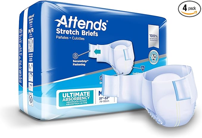 Attends Stretch Adult Incontinence Disposable Briefs, Medium/Regular 31"-52" Waist with SecureGrip Tab Closure, Ultimate Absorbency with Dry-Lock Containment Core and Breathable Side Panels, 96ct Case