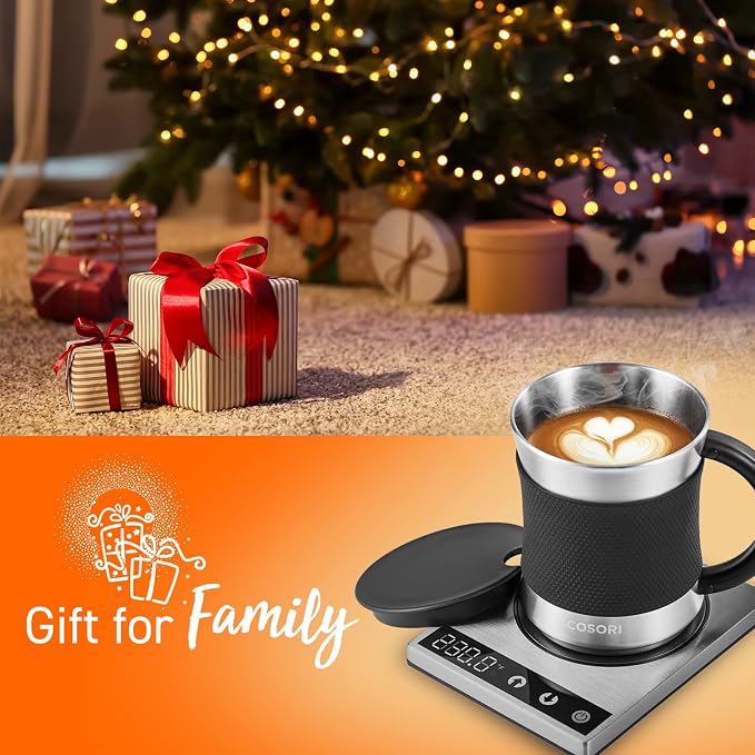 Cosori Coffee Mug Warmer & Mug Set, 1°F Precise Temperature Control | Digital Cup Heater, Touch Tech & LCD Digital Display (77-194℉), 304 Stainless Steel, for Desk, Office, Silver/Black