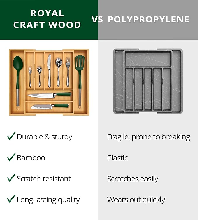ROYAL CRAFT WOOD Luxury Bamboo Kitchen Drawer Organizer - Silverware Organizer, Utensil Holder & Cutlery Tray Drawer Dividers for Flatware (9 Slot, Natural)