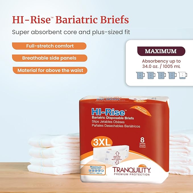 Tranquility Bariatric Disposable Briefs 3X-Large with HI-Rise High Waistline, Peach Mat Core & Secure Kufguard Technology for Skin Integrity, Latex-Free, 34oz Capacity, 32ct Case