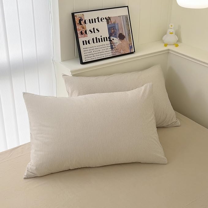 mixinni Tan Striped Duvet Cover Full Size - 100% Washed Cotton Beige Pinstripe Comforter Cover with Zipper Closure, Lightweight & Breathable, 3 Pieces Minimalist Stripes Pattern Printed Bedding Set