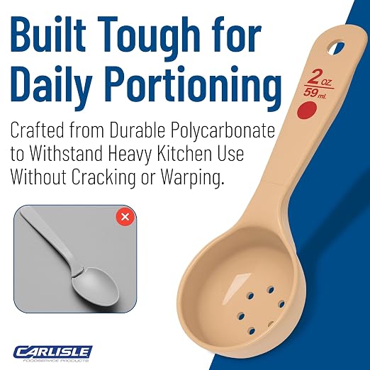 Carlisle FoodService Products 2 Oz Perforated Portion Control Spoon – Short Handle Measuring Spoon – Beige Polymer Foodservice Spoon for Commercial Kitchens, (Pack of 12)