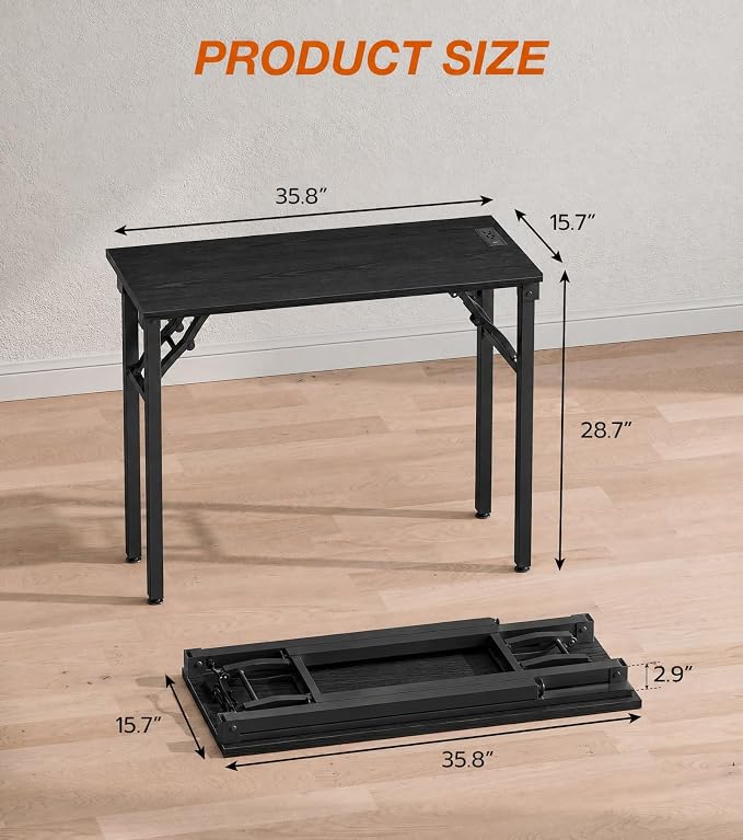 XBurmo Small Folding Desk Folding Table, No Assembly Foldable Desk Gaming Desk, 35.8-Inch Computer Table Workstation with 2 AC Outlets and 2 USB Ports for Bedroom and Home Office, Dark Oak
