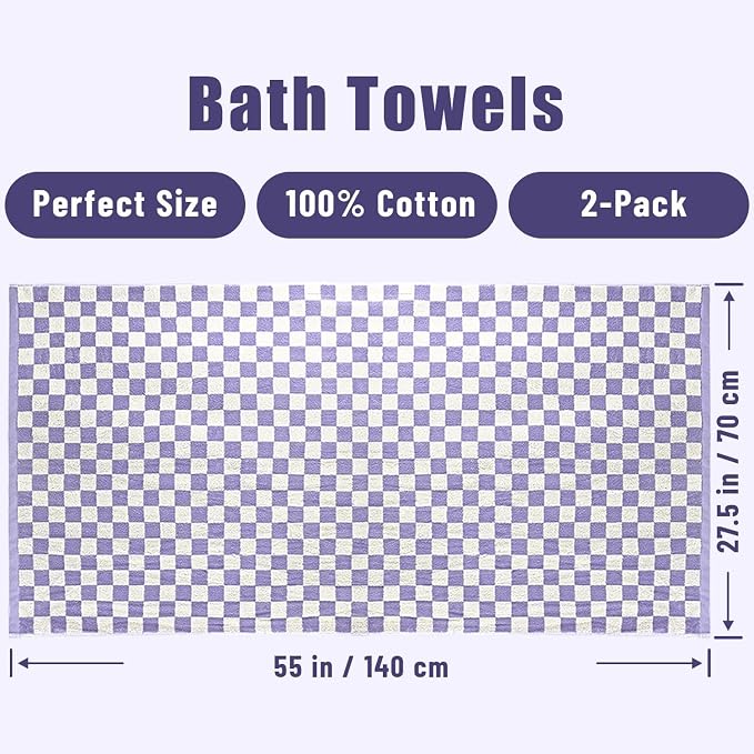 Shower Towels for Bathroom 27.5x55 Inches - Cute Checkered Towel Sets Lilac | Quick Dry Bath Towels Soft & Lightweight (2Pack), 520 GSM Absorbent Cotton