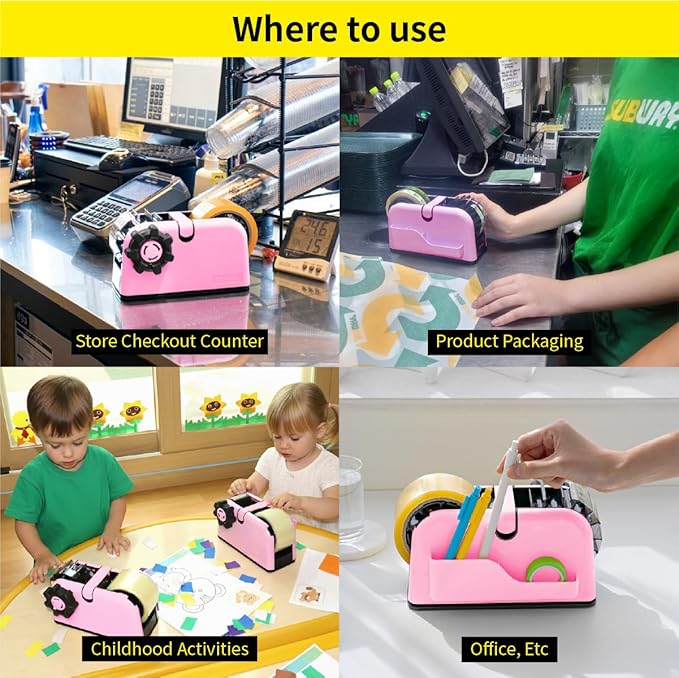 [TENDO°] TENDO Multi-Section Tape Dispenser, Custom Width Tape Cutter with 4 Cutting Sections, Built-in Safety Blade, Ergonomic Grip for Packing and Office Use, ZO-508(Pink)