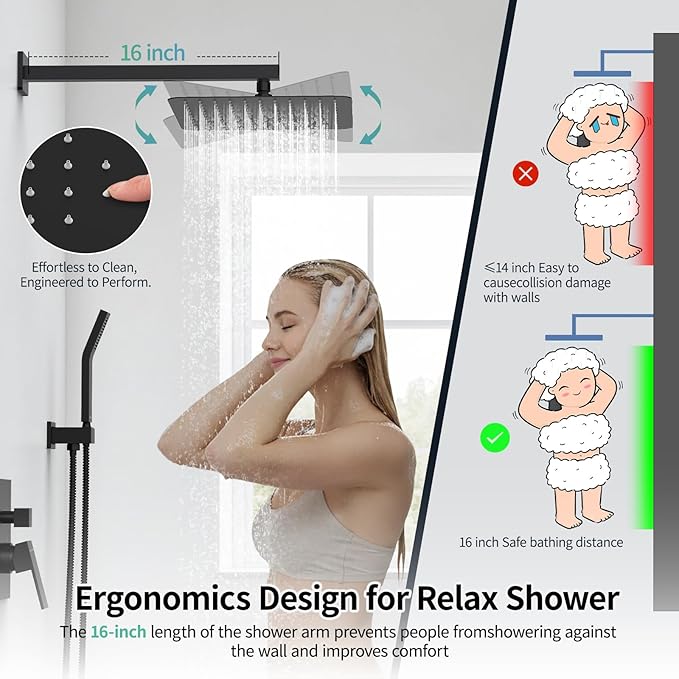 SR SUN RISE Black Square Rainfall Shower Head and Handle Set, Wall Mounted Shower Fixtures, Metal Shower Faucet Trim Repair Kits (With Shower Valve)