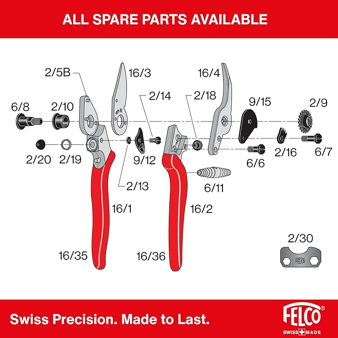 Felco F16 Pruning Shears – 7.7" Garden Clippers for Left-Handed Users with Bypass & Anvil Blades | Hand Pruners for Gardening | Garden Tool Cutter with Aluminum Handle, Lightweight Swiss Precision