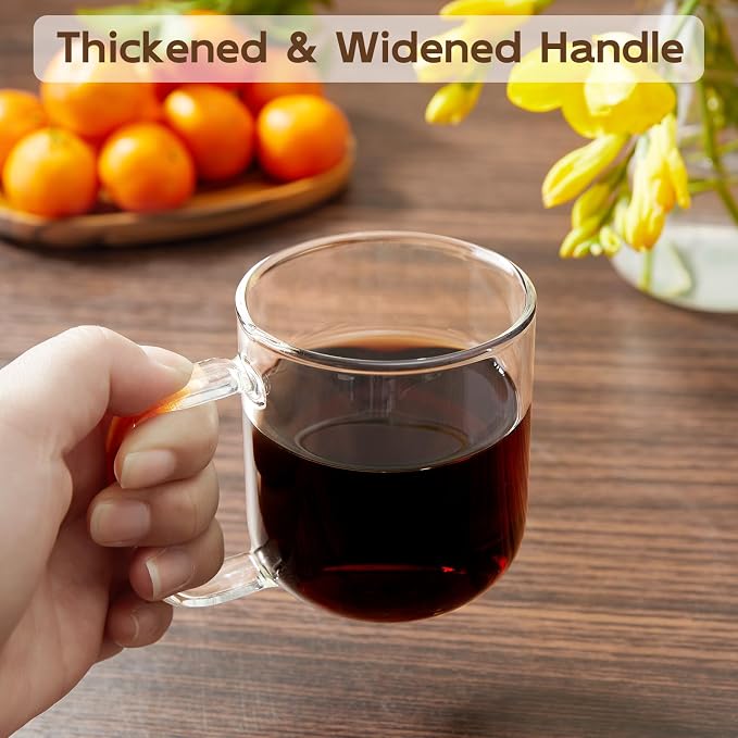 Glass Coffee Mugs, 8 oz iced coffee cups, Clear Tea Cups Set of 2, Glass Mugs with Handles, Glass Cups for Latte, Cappuccino, and Tea