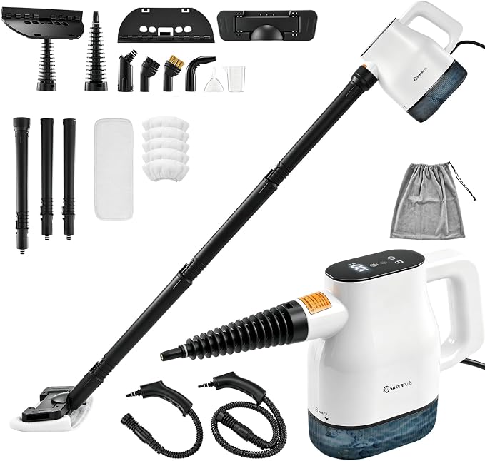 Sakerplus EverSteam Instant-Heat Steam Cleaner,15s Fast Heat-up | Dual steam modes and a 400 mL tank with floor mop attachment and 12 microfiber cloths for kitchens, bathrooms and cars