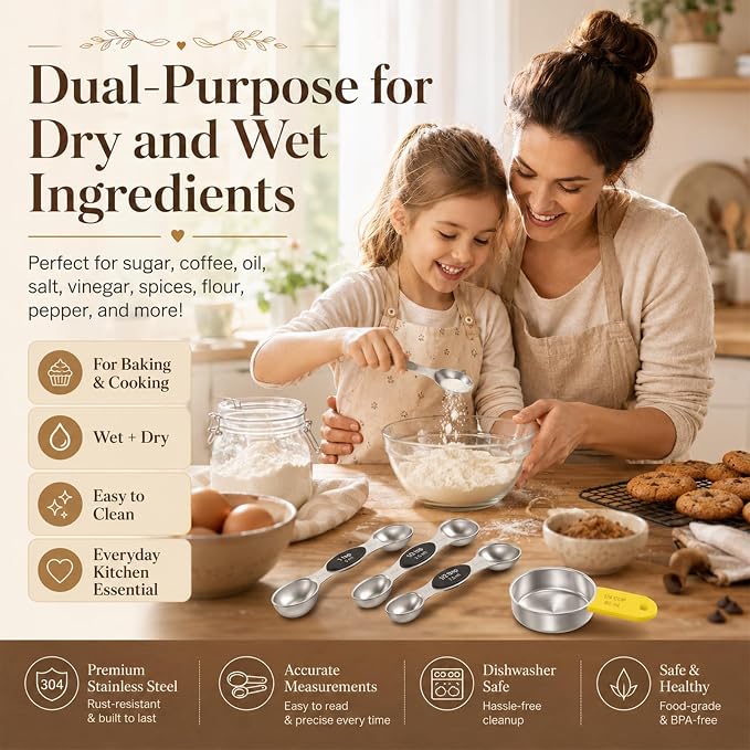 Magnetic Measuring Cups and Spoons Set - 304 Stainless Steel | Dual-sided Design | Set of 15 with Leveler | Strong N52 Magnetic Nesting Design | for Dry & Liquid Ingredients (Black)