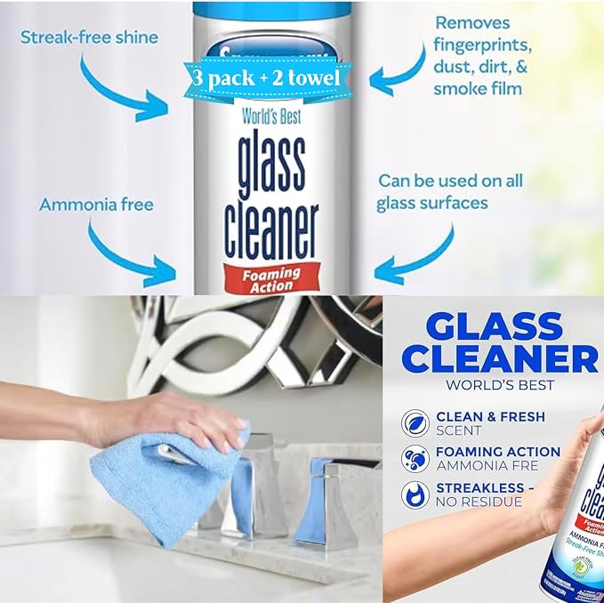 Pack (3 bottles) Glass Cleaner Foam Action Cleaner 23 oz each, with 2 Microfiber Cleaning Cloth