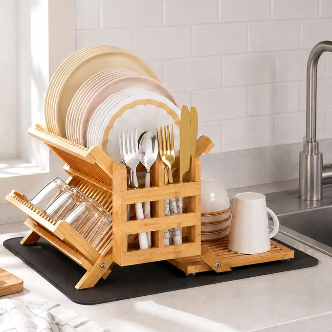 Greenual Bamboo Dish Drying Rack with Utensil Holder, 3 Tier Collapsible Dish Rack, Wooden Dish Racks for Kitchen Counter, Large Folding Drying Holder with Absorbent Dish Drying Mat