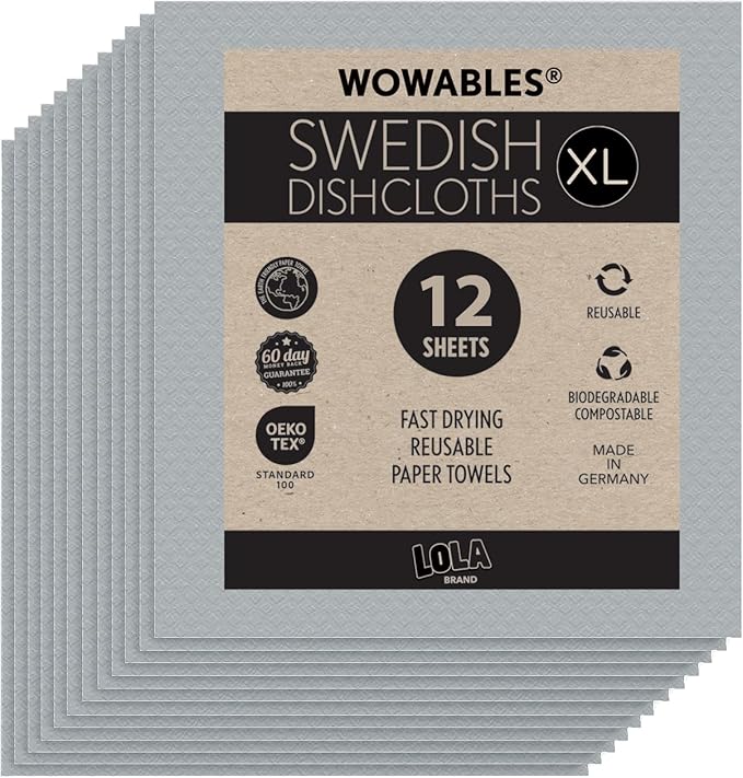 Swedish Dishcloths for Kitchen XL, 12 Sheet Roll, Biodegradable & Compostable, Reusable Paper Towel Cleaning Cloths, 11" x 10", No Odor, Washing Dishes, Ultra Absorbent Cellulose Sponge Towel, By LOLA