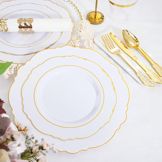 WDF Partyware 350 Pieces Gold Disposable Plates for 50 Guests, Plastic Plates for Party, Dinnerware Set of 50 Dinner Plates, 50 Salad Plate, 50 Spoons, 50 Forks, 50 Knives, 50 Cups for Wedding/Party