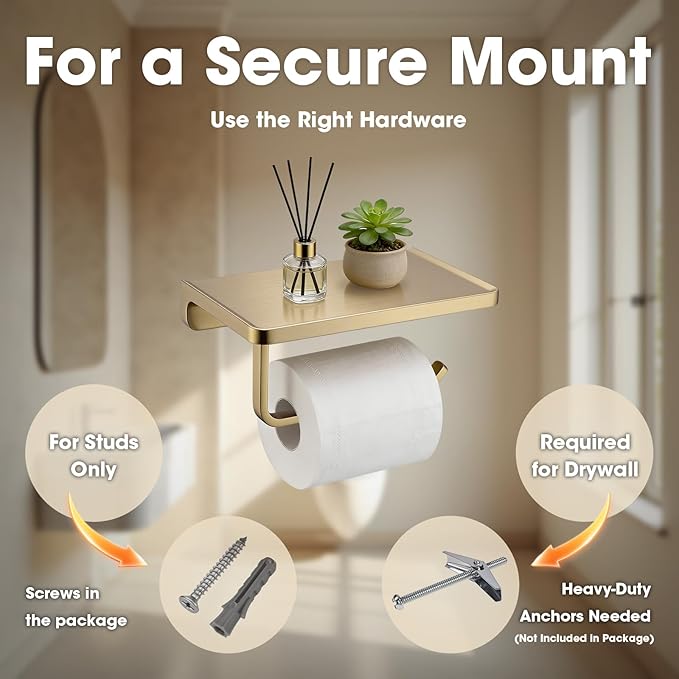 TRUSTMI Toilet Paper Holder with Shelf & Phone Stand | Brushed Gold Bathroom Storage, Solid Zinc Alloy, Wall Mounted | Holds 15lbs, Fits Jumbo Rolls
