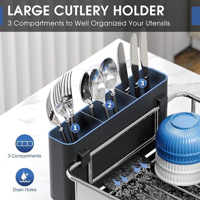 Urackify Stainless Steel Dish Drying Rack - Large Capacity Kitchen Counter Organizer with Drain Board, Utensil Holder & Detachable Cup Shelf, Surgical-Grade Rust-Proof Dish Drainer, Easy Assembly