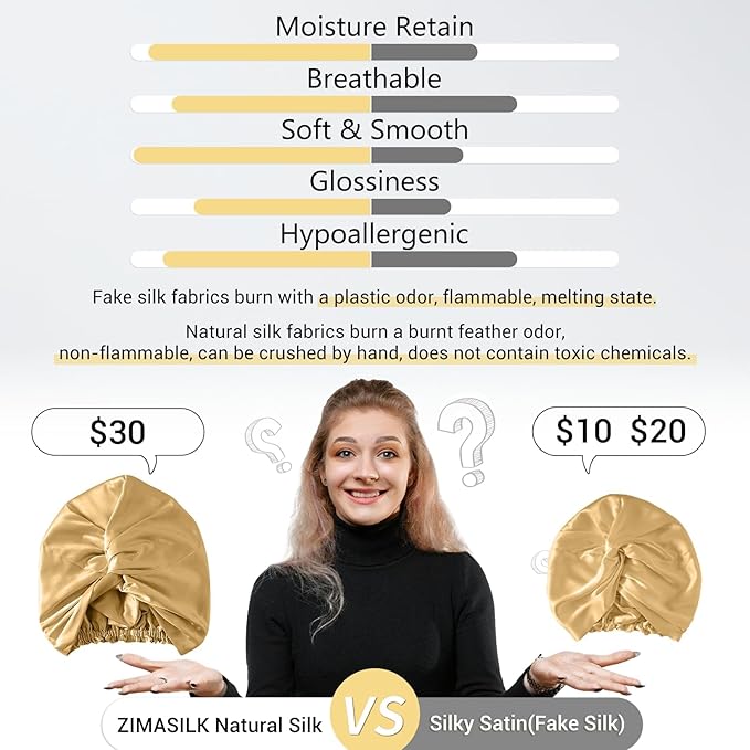 ZIMASILK 100% 22 Momme Mulberry Silk Bonnet for Sleeping Women, Breathable Silk Hair Wrap for Premium Hair Protection - Reducing Friction (1Pc, Gold)