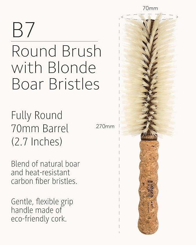 Ibiza Hair Boar Bristle Round Brush (B7-70mm) | Blonde Bristles & Cork Handle | Ideal for Color Treated Tresses | Big Waves or Tight Curls | Adds Shine & Texture for Long Styles & Large Sections