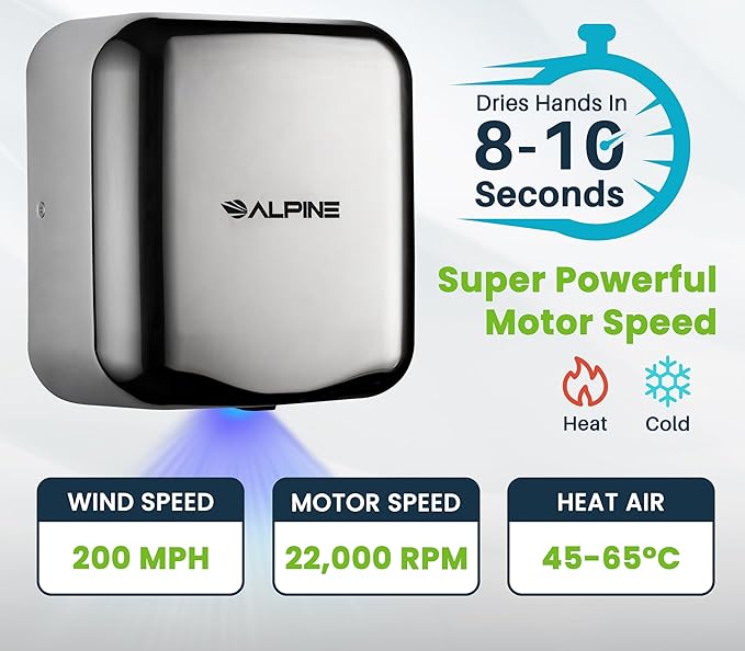 Alpine Industries Hemlock Automatic High Speed Hand Dryer - Heavy Duty Stainless Steel - Commercial High Speed Hot Air Hand Blower | 1800Watts | 110-120Volts | Quick & Easy Installation (Chrome)