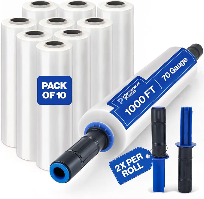 International Plastics Co. 70 Gauge 15" Plastic Stretch Film/Wrap with Extended Handles 1000ft Clear Moving Industrial Packing Heavy Duty Shrink Cling Durable Furniture (Extended Handles, 10 Pack)