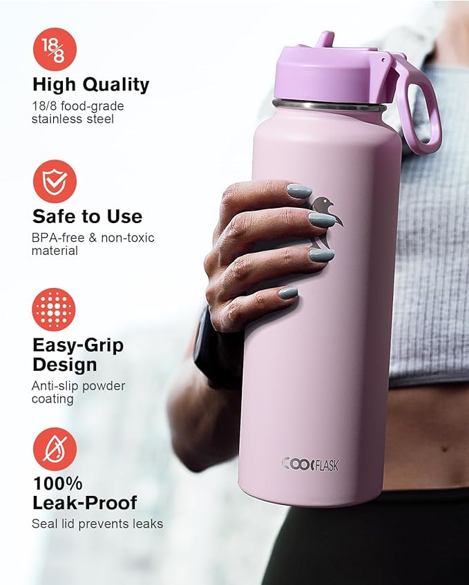 Coolflask Water Bottle 40 oz Insulated with Straw, Stainless Steel Metal 3 Lids Water Flask for Sports or Office, Keep Cold 48H Hot 24H, Pink
