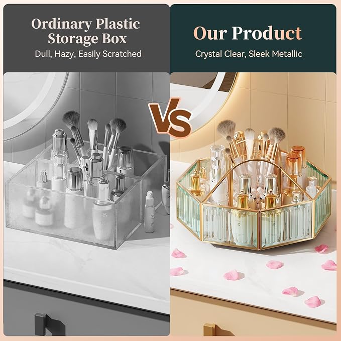 CoralHouse 360° Rotating Makeup Organizer Spinning Vanity Organizer with Makeup Brush Holder for Countertop, Bathroom Storage, Skincare, Perfume & Cosmetic Organizer for Vanity