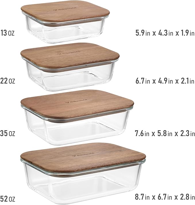 Glass Container Set with Acacia Lids - 4 Stackable Meal Prep Containers. Durable heat resistant Inert Borosilicate Glass