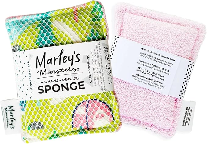 Marley's Monsters Washable Sponge – Reusable Eco-Friendly Scrubber – Dual-Sided for Gentle Cleaning or Heavy Duty Scrubbing – 4" x 5.5" Handmade in USA(Surprise Prints/Blush Pink Back)