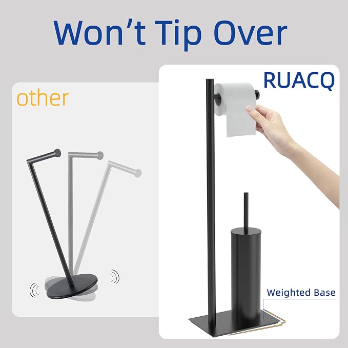 RUACQ Toilet Paper Holder Stand with Toilet Brush and Holder Set, 304 Stainless Steel Bathroom Toilet Tissue Paper Roll Holder Free Standing, Weighted Base, Heavy Duty (Matte Black)