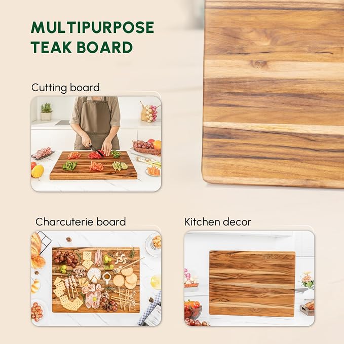 Teak Wood Cutting Board with Hand Grip (20x15x1.25", M) | Wooden cutting boards for kitchen, wood chopping board, butcher block, charcuterie board for serving. Gift box included