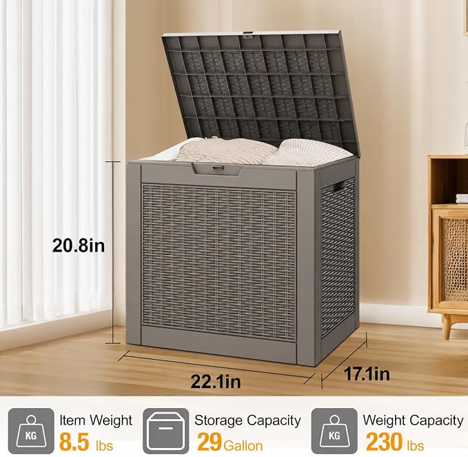 29 Gallon Outdoor Storage Box, Resin Deck Boxes Indoor and outdoor, Waterproof Storage Box Lockable Lid for Garden Tools, Package Delivery, Pool Supplies, Patio Cushions, Grey