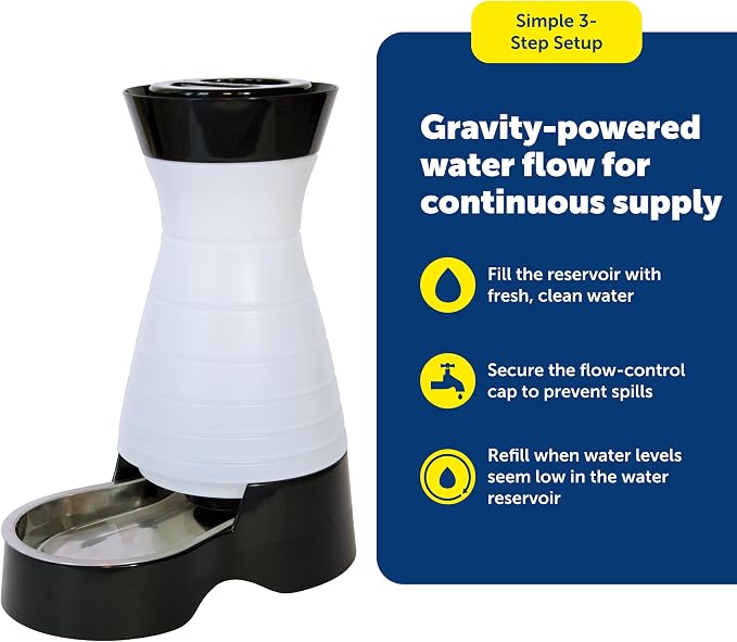 PetSafe Healthy Pet Water Station, 64 oz, Stainless Steel Bowl, Small | Gravity-Fed Pet Water Fountain Keeps Cats or Small Dogs Hydrated, Stainless Steel Bowl Is Dishwasher Safe
