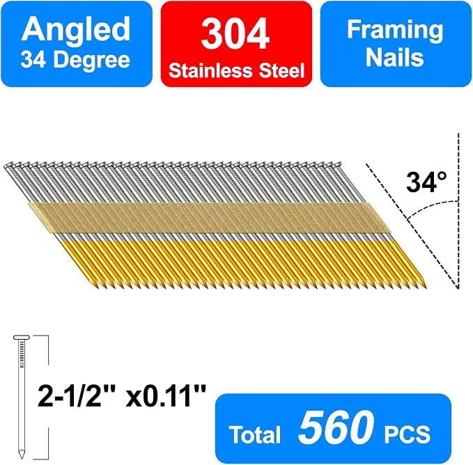 34-30 Degree Framing Nails, 2-1/2 Inch, 560-Pack | 304 Stainless Steel, D Head, Smooth Shank, Paper Tape Strip, For 30 to 34 Degree Framing Nailer