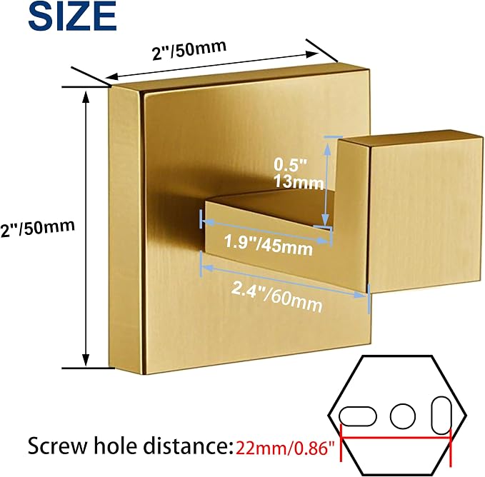 Towel Hooks for Bathrooms, Brushed Gold Towel Hook for Kitchen Bathroom, SUS304 Stainless Steel Coat Hook, Square Heavy Heavy Duty Robe Hooks for Hanging Towels,Coats,sponges,Wall Mount, 4 Pack