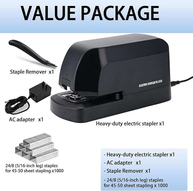 Electric Stapler for Desk, 45 Sheet Capacity Automatic Stapler Desktop, Office Staplers Electric, AC Operated Staplers Heavy Duty Office Use with 1,000 Staples & Staple Remover, Black