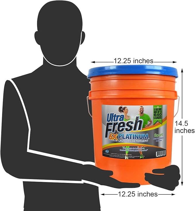 Ultra Fresh 5 Gallon Liquid Laundry Detergent Washing Soap for All Machine Types, 6X Platinum, Up to 640 Loads, Sport Odor & Stain Remover