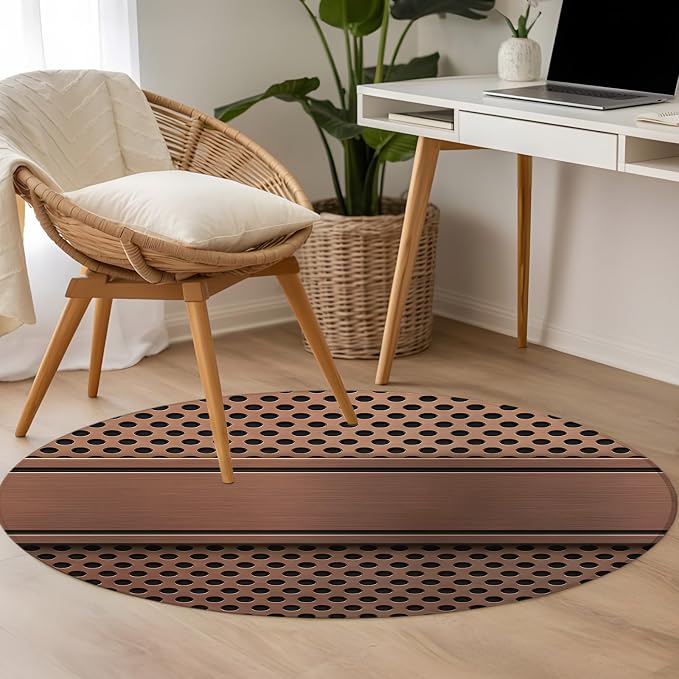 3 Ft Round Rug for Play Room, Brown Metal Hole Indoor Accent Rugs for Living Room, Copper Net Eye Hole Pattern Decorative Circle Carpet Washable Low Pile Non Slip, Soft Rug for Bedroom/Office