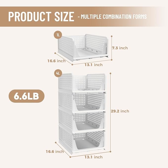 Pinkpum Stackable Plastic Storage Basket, Foldable Closet Organizers, Drawer Shelf Storage Container/Bins for Wardrobe Kitchen Bathroom Office Dorm, White, 4 Packs