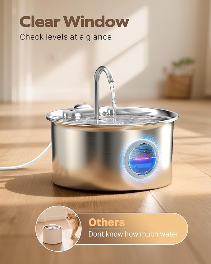 Cat Water Fountain Stainless Steel: Cat Fountain for Drinking - 88oz/2.6L Pet Water Fountain for Cats Indoor - Quiet Cats Water Bowl Dispenser - Pets Feeding & Watering Supplies - for Small Animals