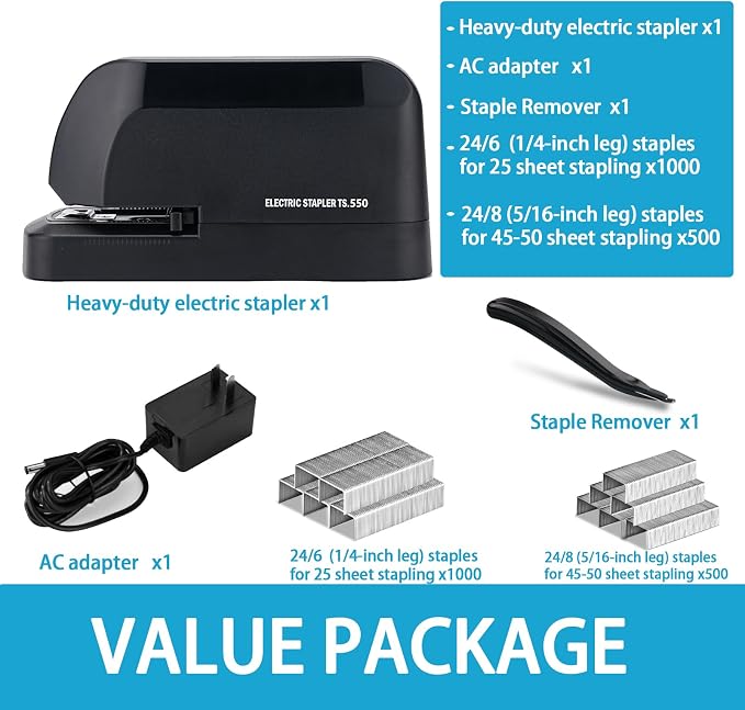 Heavy Duty Electric Stapler Value Pack, 45 Sheet Capacity, Includes 1500 Staples & Staple Remover, No-Jam, Faster Stapling, Automatic Stapler Desktop,AC Adapter Powered (Black)