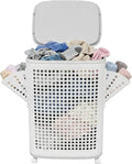 70L Laundry Basket with Wheels, Rolling Laundry Hamper with Lid and Handles, Plastic Rattan Clothes Organizer, Dirty Clothes Basket for Laundry Room, Bedroom, Dormitory Storage