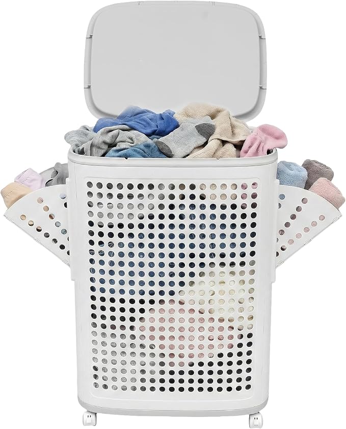 Laundry Hamper with Wheels, 70L/18.5Gal Large Capacity Collapsible Laundry Basket, Portable Rolling Laundry Bin with Lid & Handle, Side Hanging Baskets for Bedroom, Bathroom, Dorm (White)
