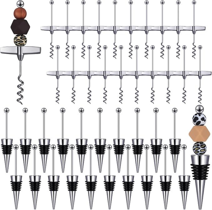 Hushee 40 Pcs Beadable Wine Stoppers with Travel Corkscrew Set Decorative Beaded Wine Bottle Stopper Alloy Saver Beadable Bottle Opener Cork Remover for Kitchen Bar Restaurant Beverage Gifts