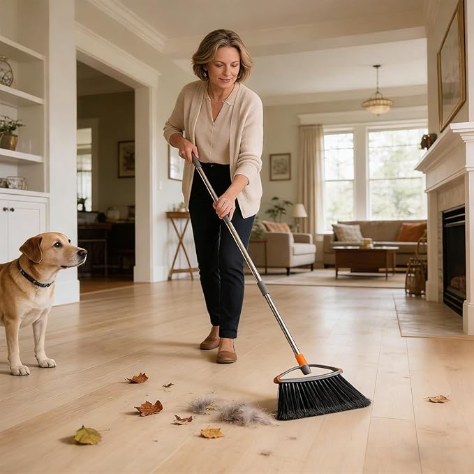 Soft Bristle Broom, Heavy Duty Broom with Collapsible Handle, Ideal for Indoor Outdoor Hardwood Floors Kitchen Salon Camping Cat Pets Hair Home Room Office, Sturdy and Durable, Gray